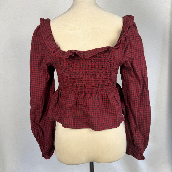New American Eagle Long-Sleeve Smocked Ruffle Plaid Top Red Gingham Women Small - Picture 6 of 10